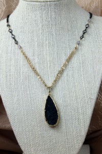 Black drusy drop pendant on gold chain