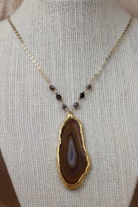 Brown agate slice on gold chain