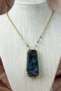 Large opalized labradorite pendant on gold chain