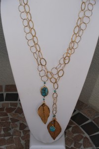 Leaves and turquoise on long necklaces