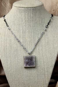 Natural drusy square pendant on silver necklace