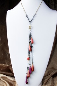 Pink and coral teardrop fantasy lariat on gold chain