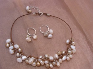 Brown & White Pearls with Leather 